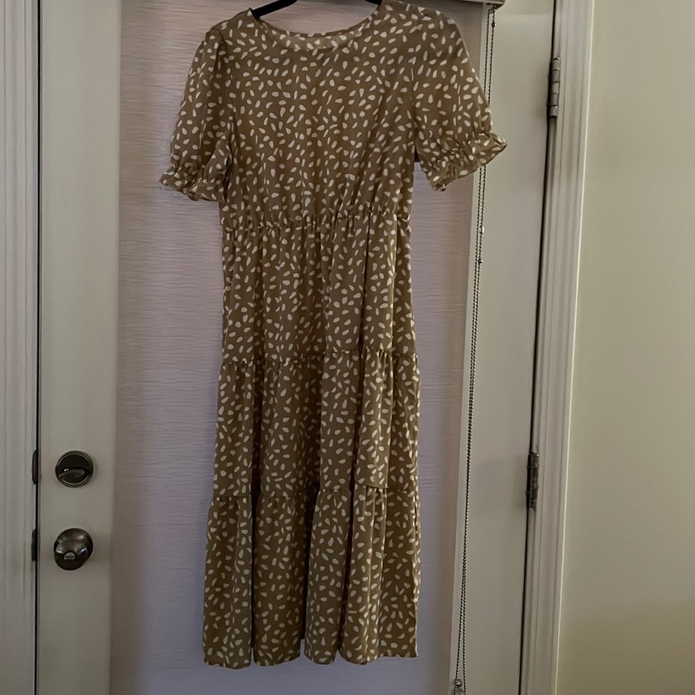 Tan and White MIDI Dress